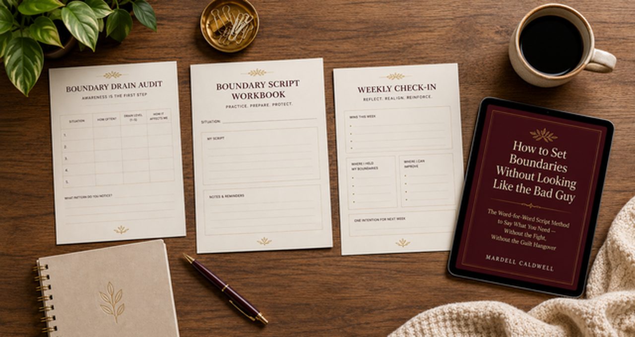 Boundary Drain Audit, Boundary Script Workbook, and Weekly Check-In laid out together