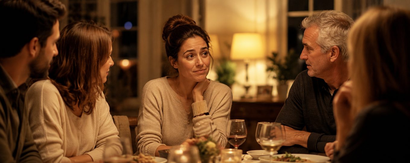 A woman at a dinner table forcing a polite smile while feeling hesitant about a request
